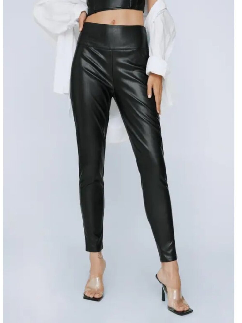 SHINESTAR Black Vegan faux Leather stretchy slim leg Leggings Pants *LARGE*